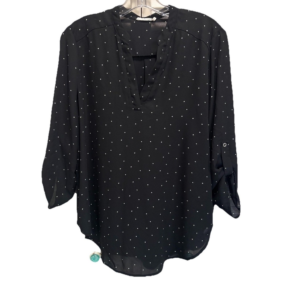 Chiffon Black Polka-dot Long Tab Sleeve Blouse Size Large V Neck Lightweight